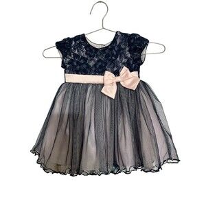 Bonnie Baby toddler Girl Navy lace and Tulle Party Dress with Pink Bow S 18 mo
